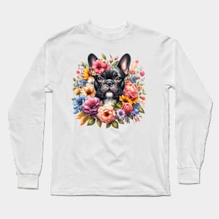 A French bulldog with beautiful colorful flowers Long Sleeve T-Shirt